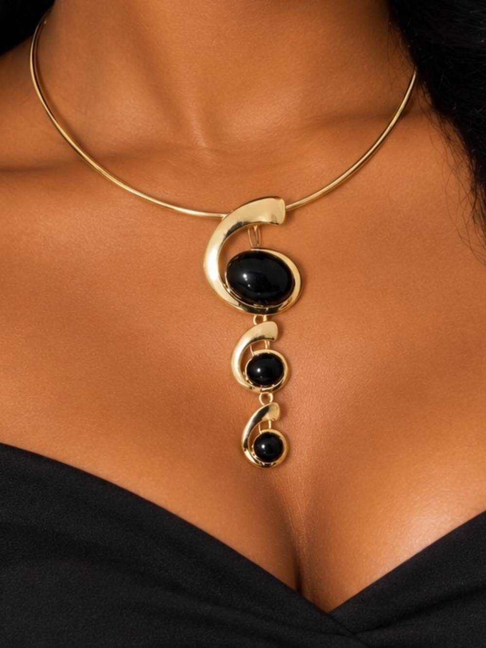 Gold-tone Necklace  And Earing with Black Stone Pendant - Women Jewelry